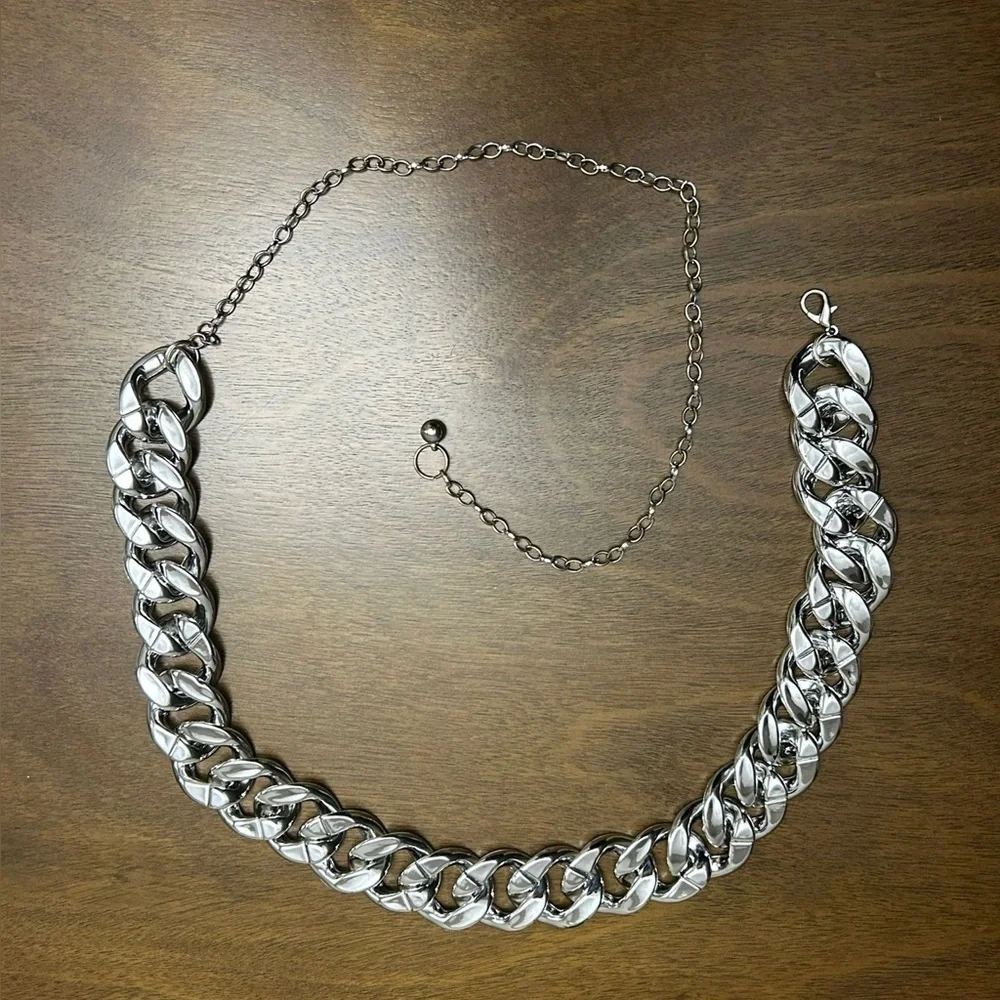 Women's Chain Belt Silver One Size Cuban Link Mesh Chunky Metal (0261)
